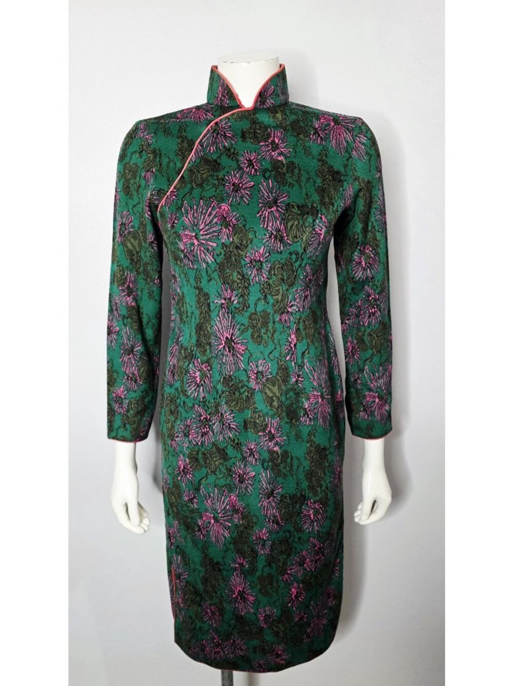 1970s Green & Pink Wool Blend Cheongsam Dress